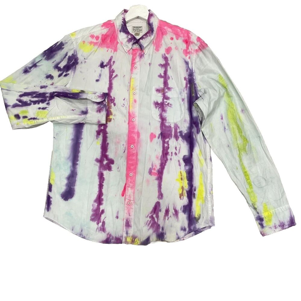 J. Crew Mens Large Shirt White Tie Dye Organic‎ Cotton Long Sleeve Button Down